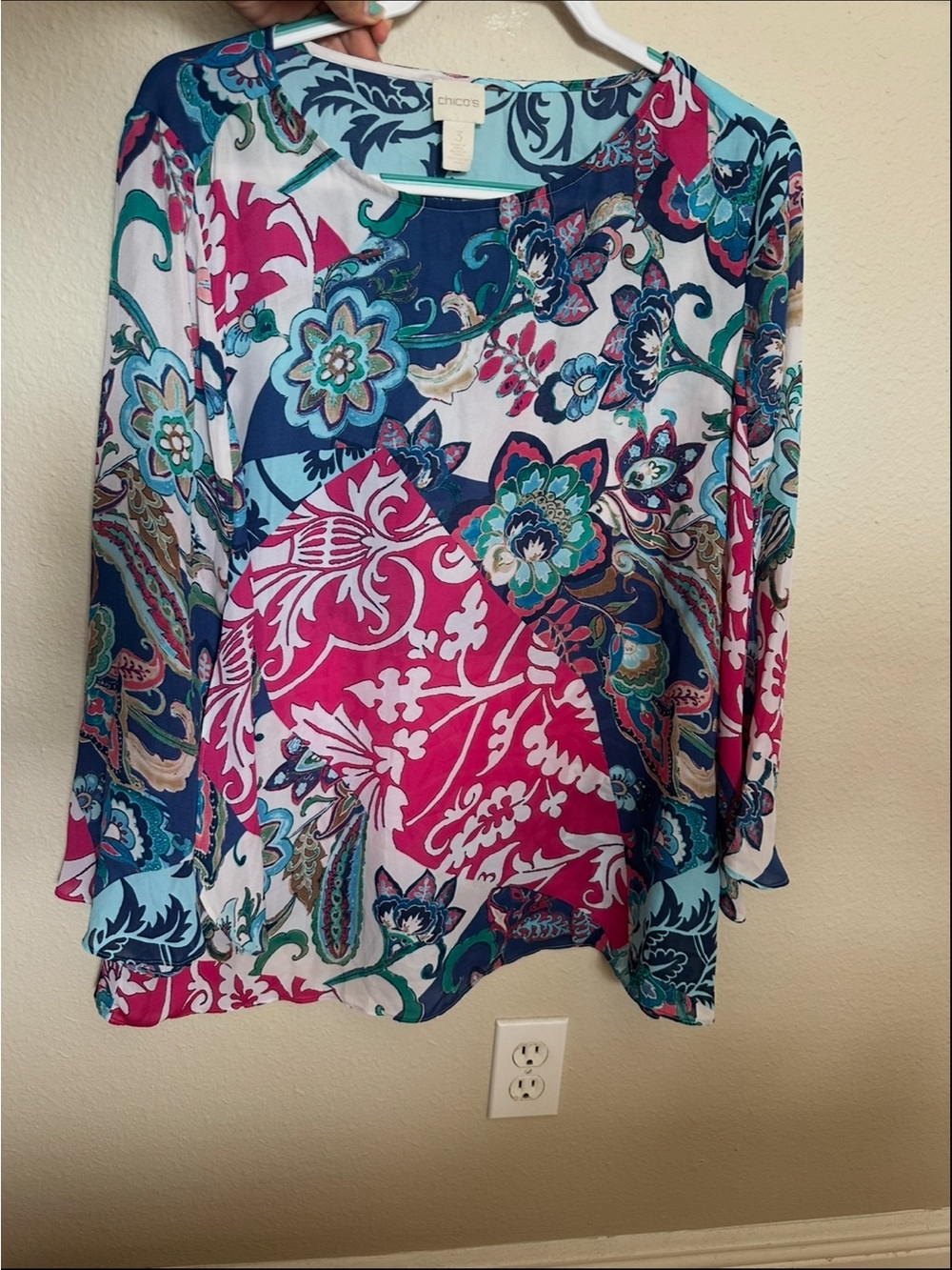 Chico's Teal, Pink & Navy Floral Patchwork Long-Sleeve Top